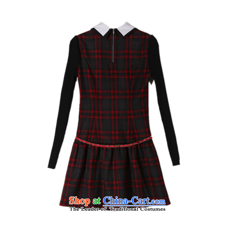 2015 The women's code hypertrophy dresses Korean OL commuter temperament lapel video thin long-sleeved short skirt wear skirts latticed Sau San lady in red and gray skirt of thick 2XL paras. 125-140, land is of Yi , , , shopping on the Internet