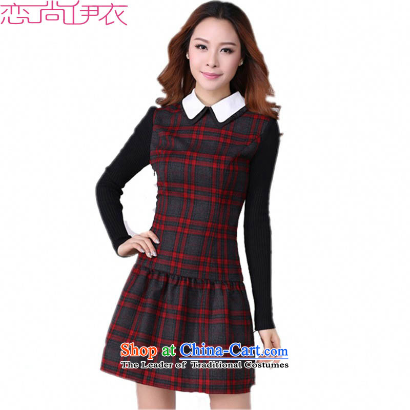 Package Mail C.o.d. plus hypertrophy code women thick dresses Korean lapel knocked forming the long-sleeved skirts and latticed winter skirt lint-free spring female skirt thick mm Red Grid thick?3XL?about 140-150catty