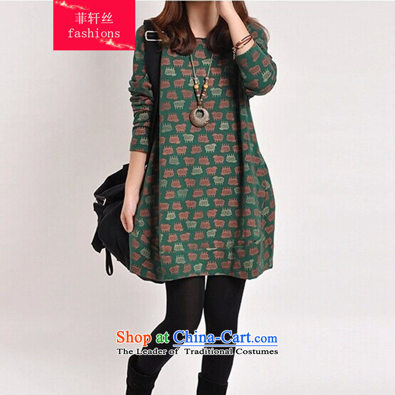 The Philippine Populationfashions2015 Xuan autumn and winter new Korean version of large numbers of nostalgia for the Liberal Women's stamp in the thick of lint-free long-sleeved dresses female dark greenL   120-140 catty