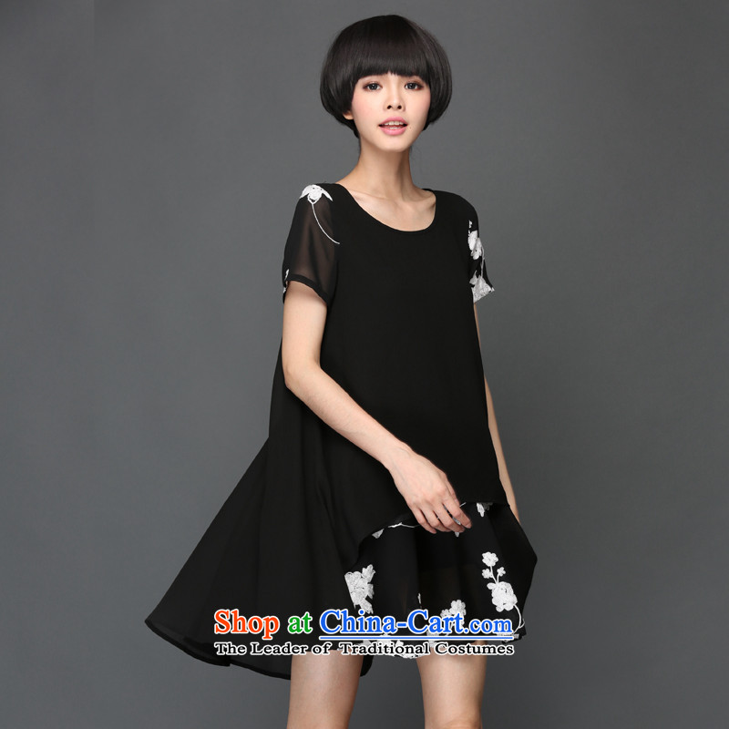 To better to increase the number of women with king size code 200 catties Korean loose video thin short-sleeved embroidered double chiffon dresses picture for 140-155 2XL Black, to better shopping on the Internet has been pressed.