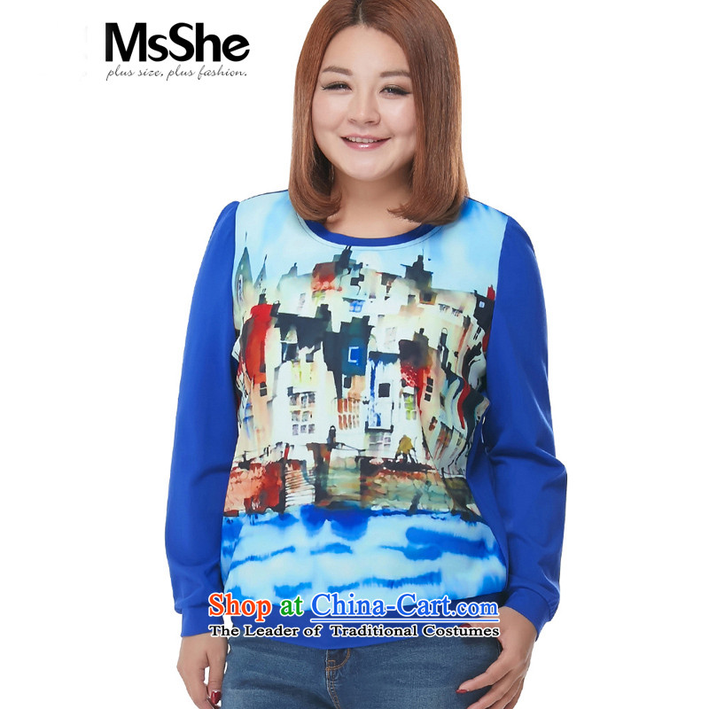 Msshe xl women 2015 Autumn replacing thick girls' Graphics thin of leisure stamp long-sleeved sweater round-neck collar 2673RD3XL blue
