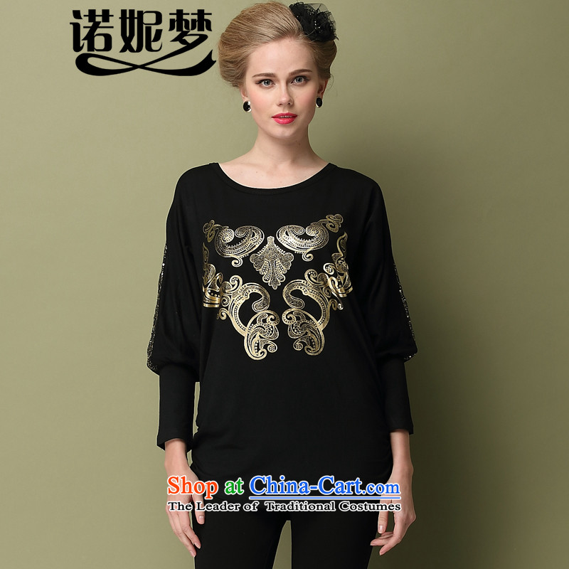 The Ni Dream Spring 2015 new products to Europe and the high end of the XL women forming the Netherlands thick mm lace stitching stamp long-sleeved T-shirt B0279 female black?XXL