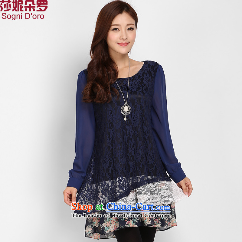 Luo Shani flower code women fall with thick mm lace loose intensify the sister thick, Hin obesity thin, dresses dark blue6XL 3224