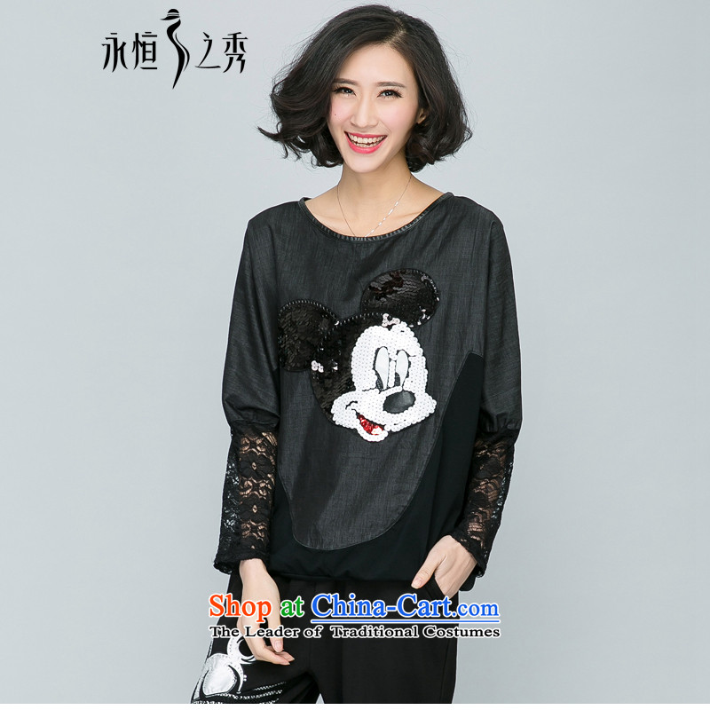 The Eternal Yuexiu Code women thick mm2015 spring new short_ cowboy bat sleeves cartoon images on film shirt t-shirt with black and gray2XL