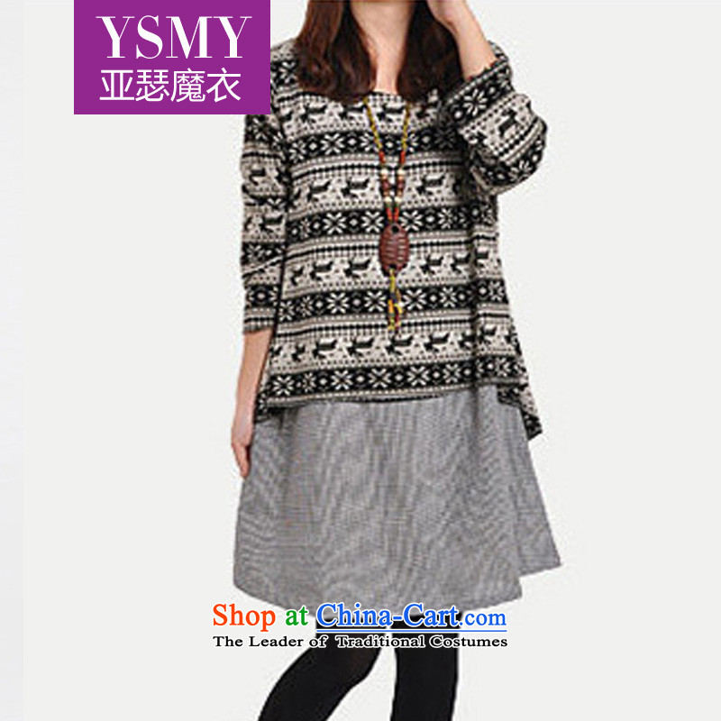 Arthur magic yi2015 Autumn, new larger female Korean Version Stamp leave two stylish and relaxd long-sleeved black skirtL