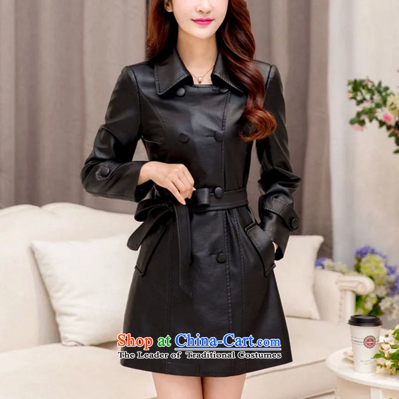 2015 Autumn and Winter New Leather clothes for larger, long long-sleeved Ms. Sau San plus lint-free thick leather garments, pu long thick mm to xl leather jacket in black for 85-105 L catty ,BS,,, shopping on the Internet