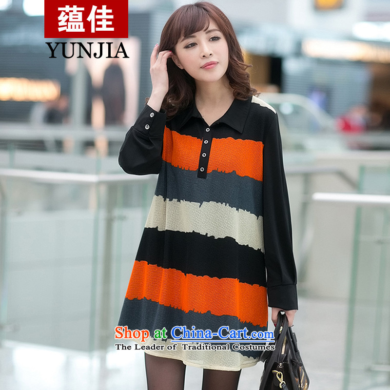 To better autumn and winter new larger female Korean loose video thin dresses, long-sleeved knocked stripe Thick coated skirts collision people 3XL stripe