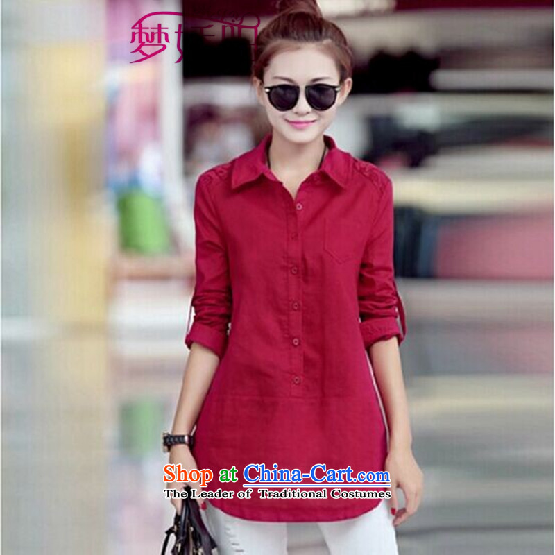 During the spring and autumn long-sleeved shirt female loose Korean head kit shirt female spring and autumn cotton linen tunic XXL, wine red T-shirt dream to Yang (MENGJIAOYANG) , , , shopping on the Internet