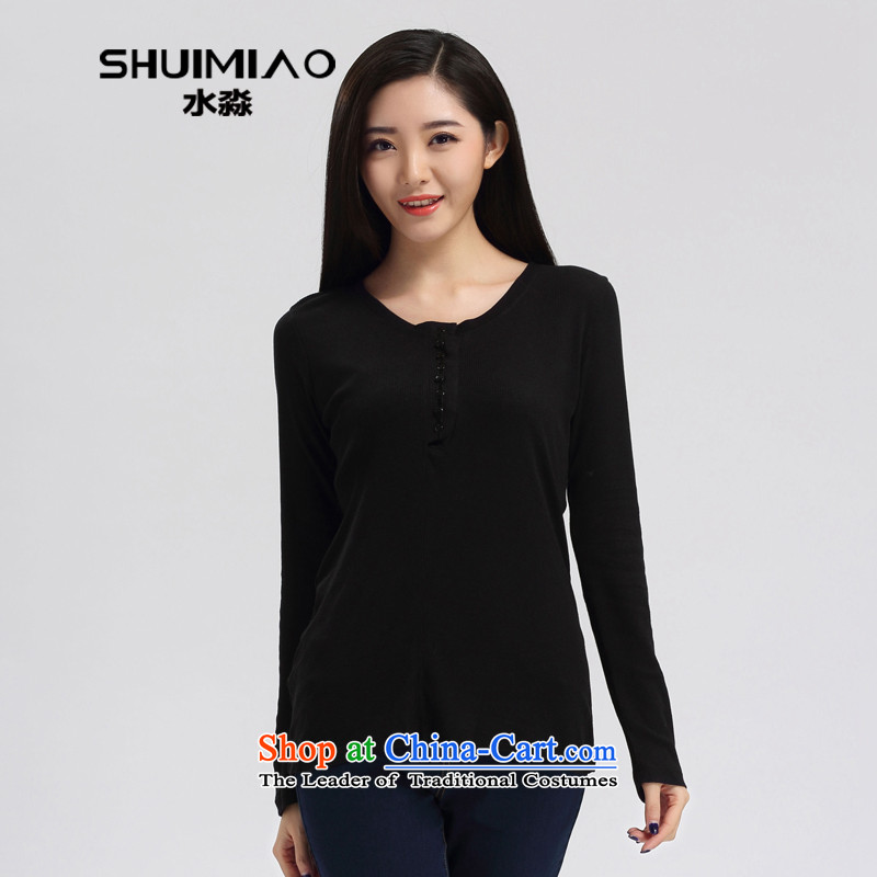 The representative of the water large sister thick women 2015 Spring_Summer new Korean long-sleeved T-shirt, forming the high QK2251 black?M