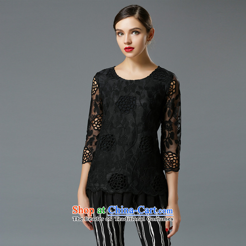 Of the Yucca honey xl thick MM THIN autumn 2015 installed graphics larger female round-neck collar lace hook flower Sau San T-shirt ZZ3343 black XL(117 catty -130) through a catty yucca honey , , , shopping on the Internet