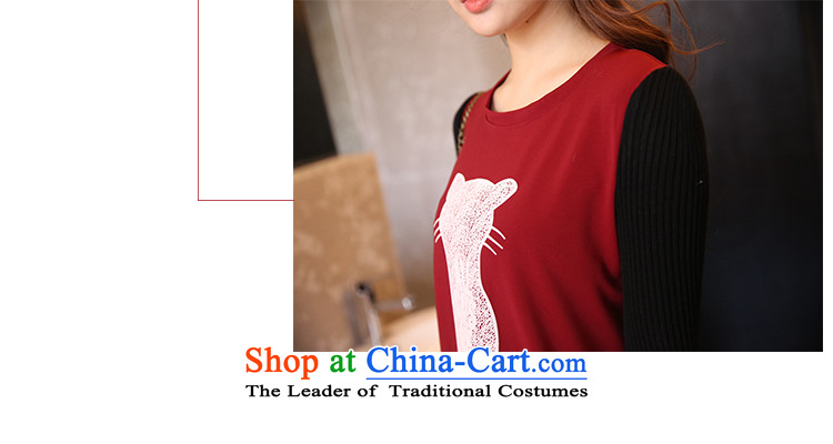 Maximum number of ladies 2014 mm thick winter clothing Korean New Graphics thin kitten alike stamp round-neck collar long-sleeved shirt relaxd dress dark red XXXL picture, prices, brand platters! The elections are supplied in the national character of distribution, so action, buy now enjoy more preferential! As soon as possible.
