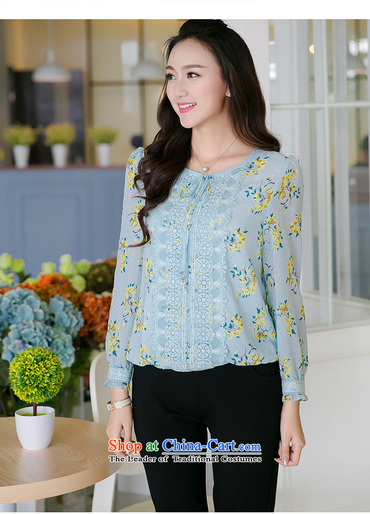 The interpolator auspicious New) Autumn 2015 large female thick MM video sweet thin lace stamp chiffon shirt long-sleeved T-shirt V5008 BLUE 3XL( T-shirt for 165-180 catty) Picture, prices, brand platters! The elections are supplied in the national character of distribution, so action, buy now enjoy more preferential! As soon as possible.