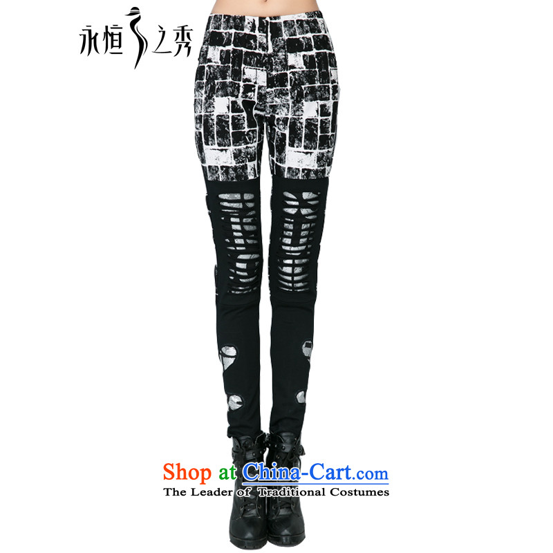 The Eternal Soo-to increase women's code 2015 Autumn replacing thick, Hin in new thin waist engraving burned out large castor trousers, forming the thin long pants Graphics Black 2XL