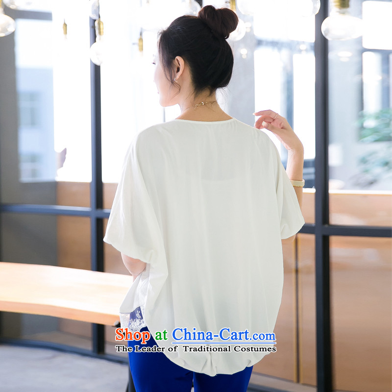 The interpolator auspicious for larger women 2015 thick MM spring and summer New fifth cuff stitching lace bat sleeves loose video thin chiffon T shirt V5029 white L suitable for 100-130), the burden of the interpolator auspicious shopping on the Internet