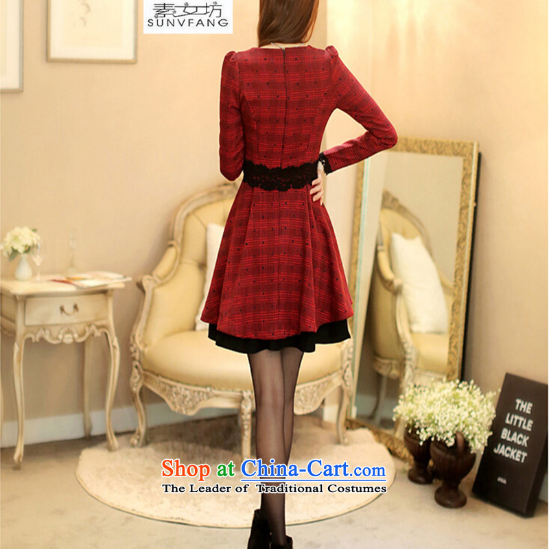 Motome Workshop 2015 autumn and winter temperament long-sleeved thick video thin latticed skirt wear skirts and larger female new red 8803 Red XL, Motome Fong (SUNVFANG) , , , shopping on the Internet