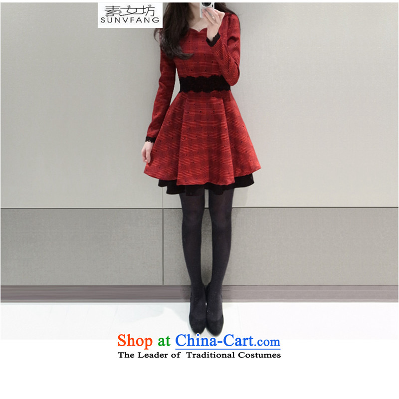Motome Workshop 2015 autumn and winter temperament long-sleeved thick video thin latticed skirt wear skirts and larger female new red 8803 Red XL, Motome Fong (SUNVFANG) , , , shopping on the Internet
