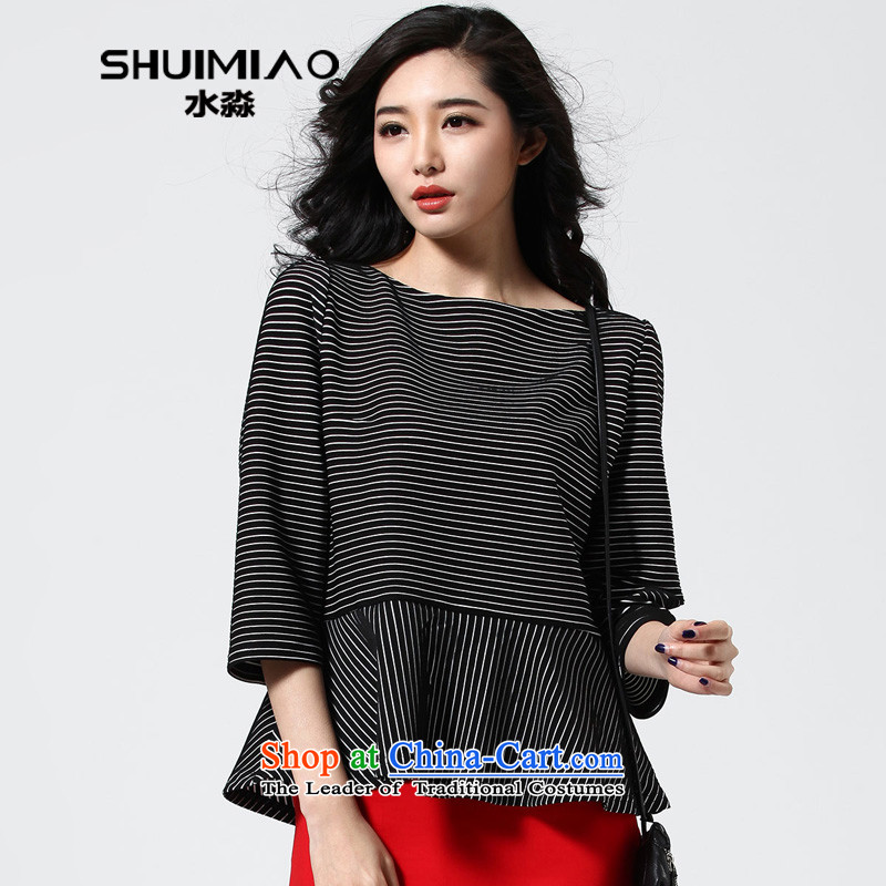 Water Spring 2015 of new large hedge sweater female Korean version 7 to the cuff, S15CK4667 short streaks carbon black?L