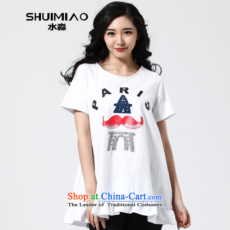 The representative of the water code version of large Korean female spring 2015 new fat mm billowy flounces, short-sleeved T-shirt S15CK4737 female white L