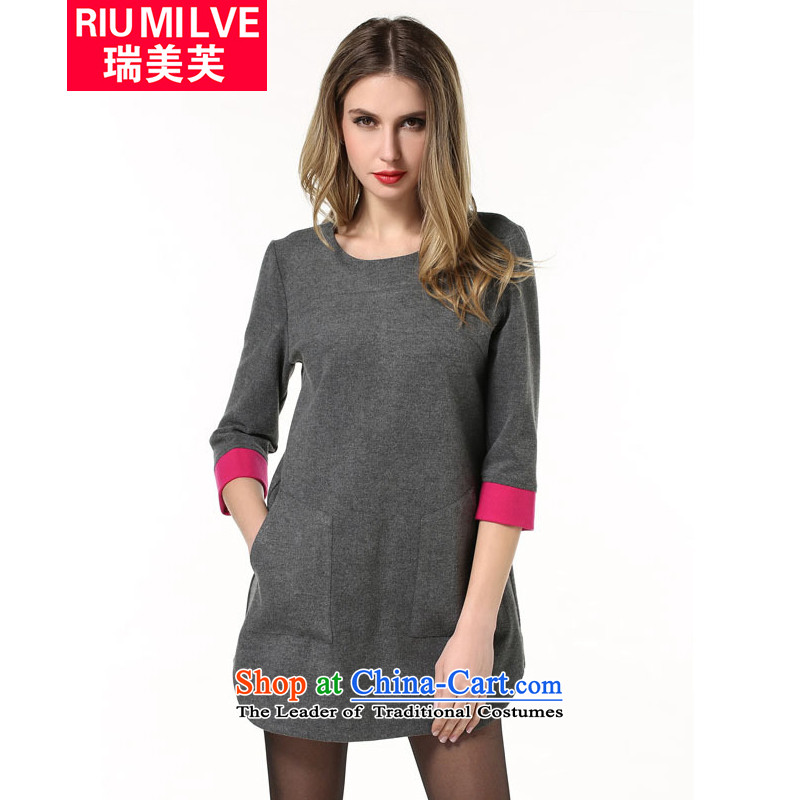 Rui Mei to fall 2015 new products to increase women's code, Hin fat mm thick thin 7 Cuff Western popular leisure dresses N1857 Gray L