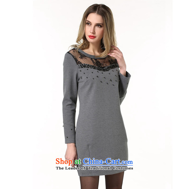 Rui Mei to 2015 XL women with European and American Popular staples fall bead gauze stitching thick, Hin thin long-sleeved dresses N1860 XXXL, Rui Mei to gray (RIUMILVE) , , , shopping on the Internet