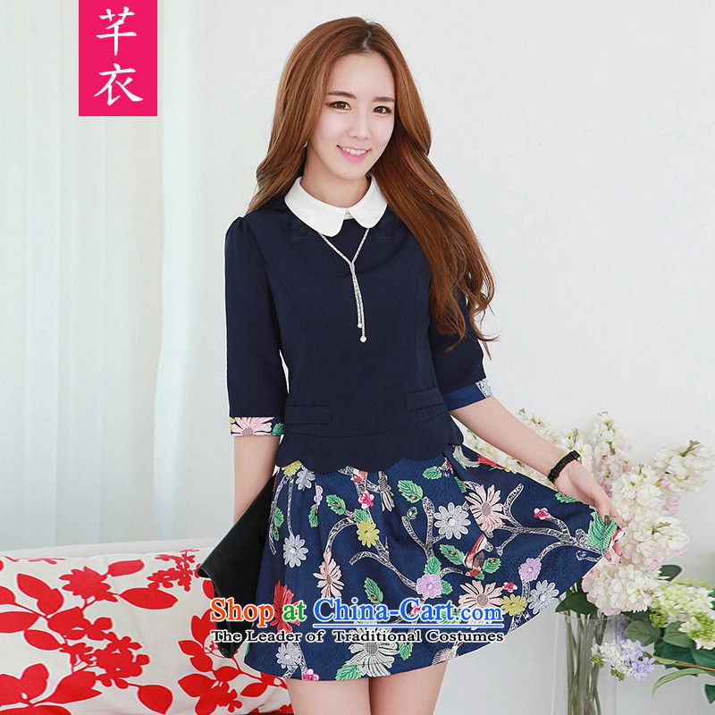 In the spring of 2015 Women's new lovely child for XL, leave two expertise cuff mm lapel collision-color printing stitching elegant graphics thin blue skirt suits to large XL 120-135 catty