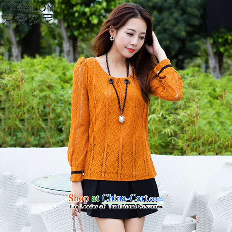 The lymalon lehmann thick, Hin thin 2015 Autumn replacing the new Korean version of large numbers of ladies lace Sau San round-neck collar bubble sleeved shirt 5003 YellowL