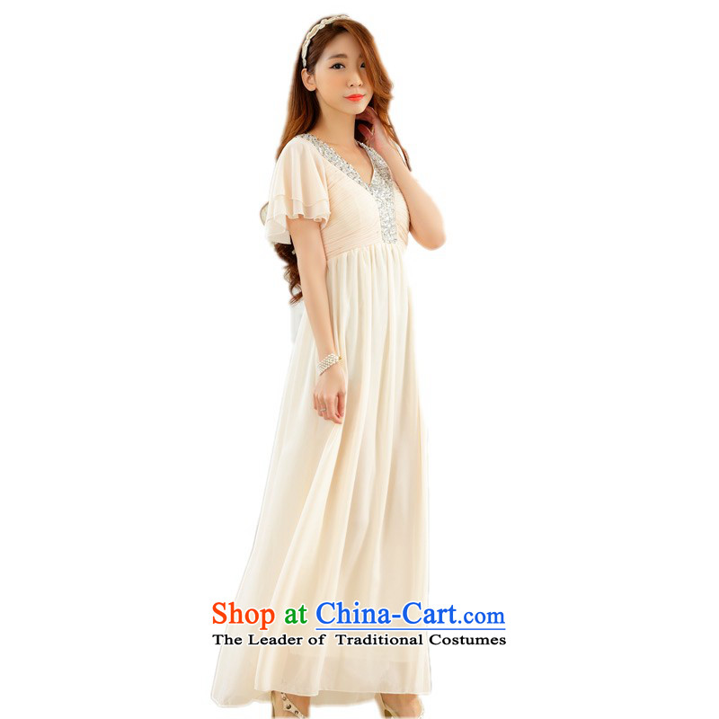 Package Mail C.O.D. 2015 spring_summer load new xl chiffon long skirt diamond pieces V-Neck short-sleeve dresses elegant graphics thin dress skirt resort long skirt champagne colorXLabout 125-145 catty
