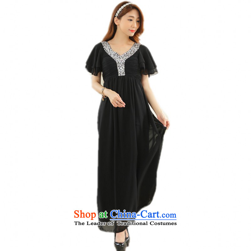 Package Mail C.O.D. 2015 spring/summer load new xl chiffon long skirt diamond pieces V-Neck short-sleeve dresses elegant graphics thin dress skirt resort long skirt champagne color about 125-145 XL, Hazel (QIANYAZI constitution) , , , shopping on the Inte