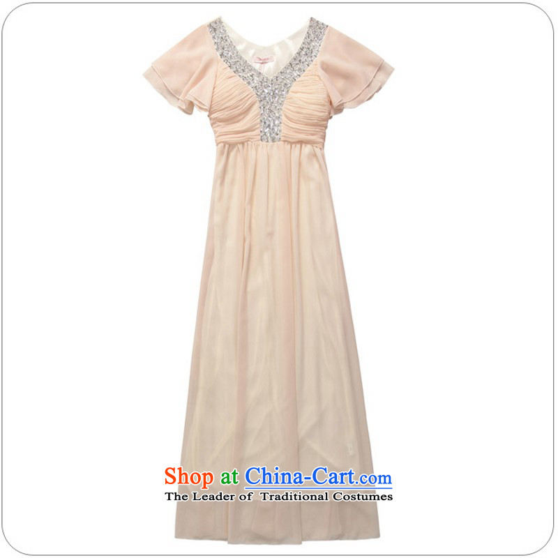 Package Mail C.O.D. 2015 spring/summer load new xl chiffon long skirt diamond pieces V-Neck short-sleeve dresses elegant graphics thin dress skirt resort long skirt champagne color about 125-145 XL, Hazel (QIANYAZI constitution) , , , shopping on the Inte