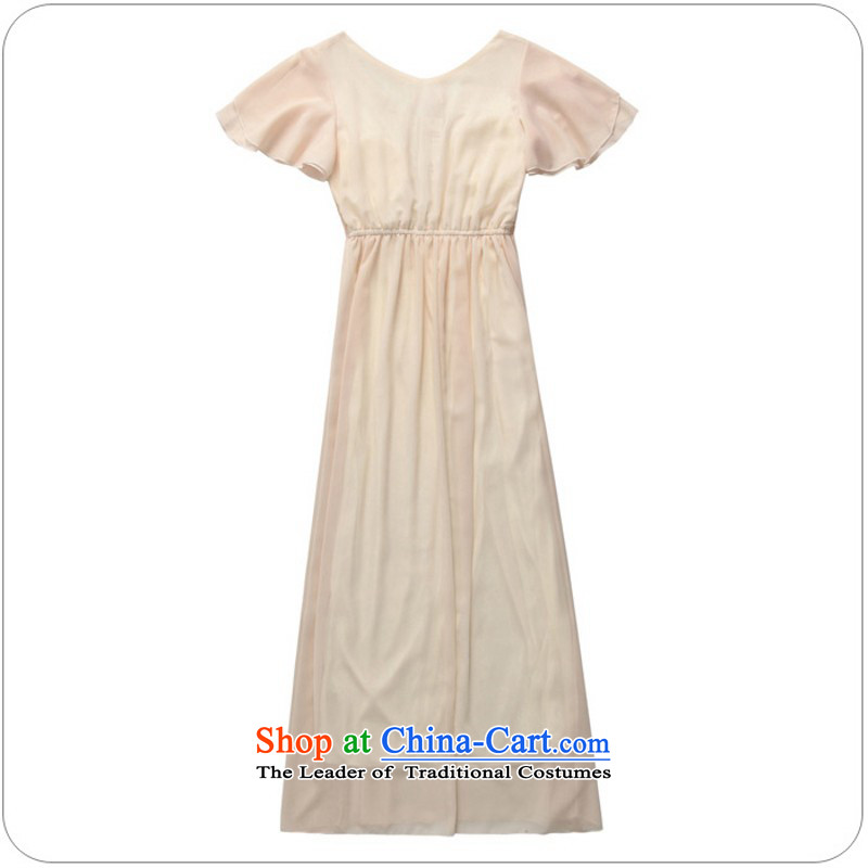 Package Mail C.O.D. 2015 spring/summer load new xl chiffon long skirt diamond pieces V-Neck short-sleeve dresses elegant graphics thin dress skirt resort long skirt champagne color about 125-145 XL, Hazel (QIANYAZI constitution) , , , shopping on the Inte