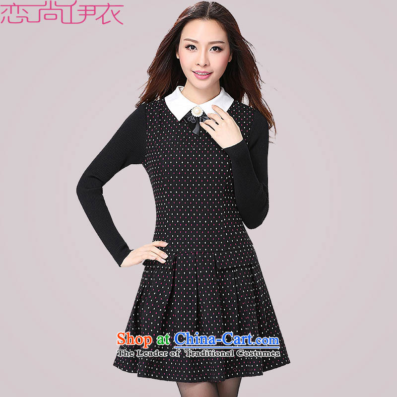 C.o.d. Fall_Winter Collections Plus hypertrophy High Fashion dresses retro pearl lapel floral skirt OL of Sau San gentlewoman temperament ribbed long-sleeved black flower skirt wear thick?approximately 165-180 4XL catty