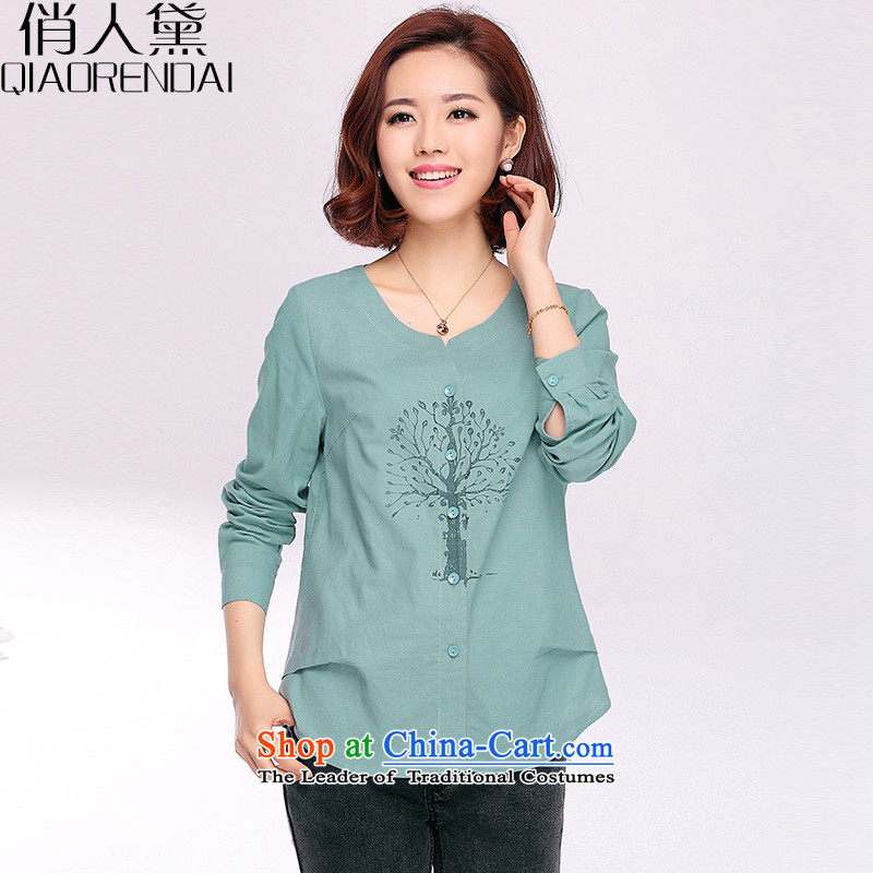 For people with new spring and autumn Doi 2015 cotton linen shirt female long-sleeved loose V-neck in the Korean version of large code ladies casual shirts in the medium to long term water blueXL