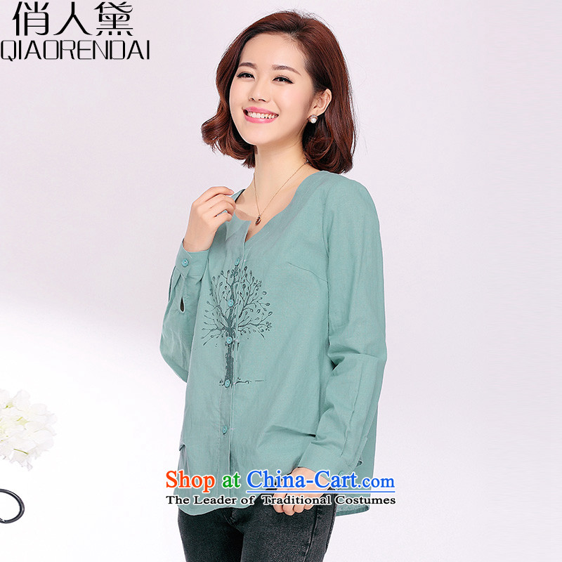 For people with new spring and autumn Doi 2015 cotton linen shirt female long-sleeved loose V-neck in the Korean version of large numbers in the ladies casual shirts long blue water for people Doi (XL, QIAORENDAI) , , , shopping on the Internet