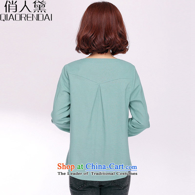 For people with new spring and autumn Doi 2015 cotton linen shirt female long-sleeved loose V-neck in the Korean version of large numbers in the ladies casual shirts long blue water for people Doi (XL, QIAORENDAI) , , , shopping on the Internet