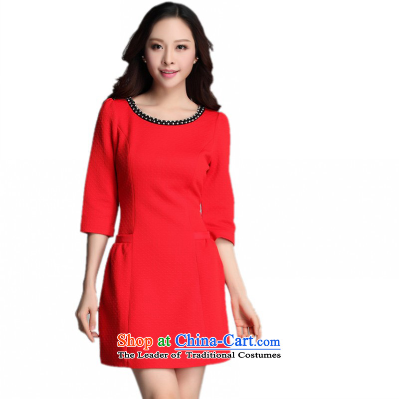 C.o.d. package for women to accept a minimalist dresses decorated in spring 2015 in seven cuff short skirt large stylish lady nail pearl round-neck collar skirt Red?2XL?about 140-155 catty