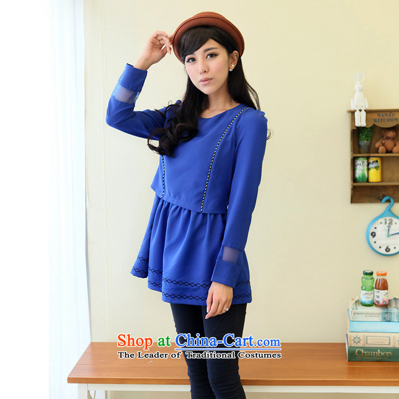 Maximum number of ladies of the 2014 Korean autumn and winter load new fat mm relaxd casual dolls in thin graphics long piece blue?XXXXL female