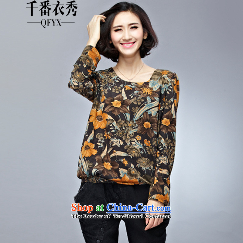 Double Chin Yi Xiu Grand Autumn Code women's long-sleeved T-shirt female thick mm retro flowers leather wear shirts, lint-free wild Q1002 brown XL