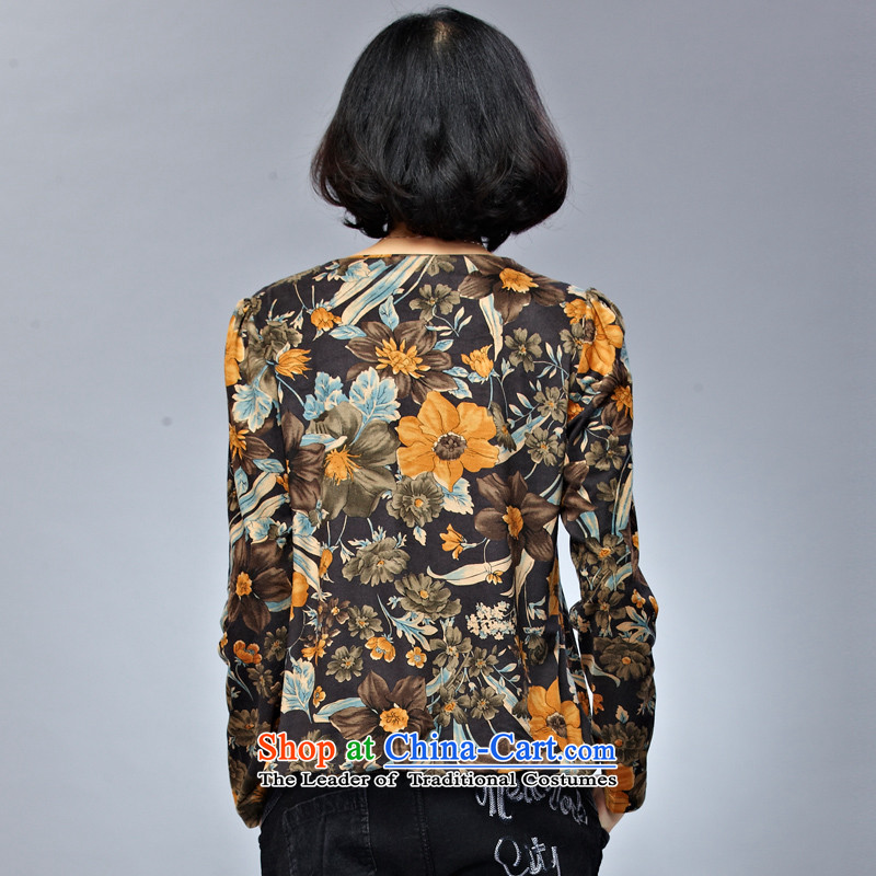 Double Chin Yi Xiu Grand Autumn Code women's long-sleeved T-shirt female thick mm retro flowers leather wear shirts, lint-free wild Q1002 brown XL, embroidered Gigi Lai blue , , , shopping on the Internet