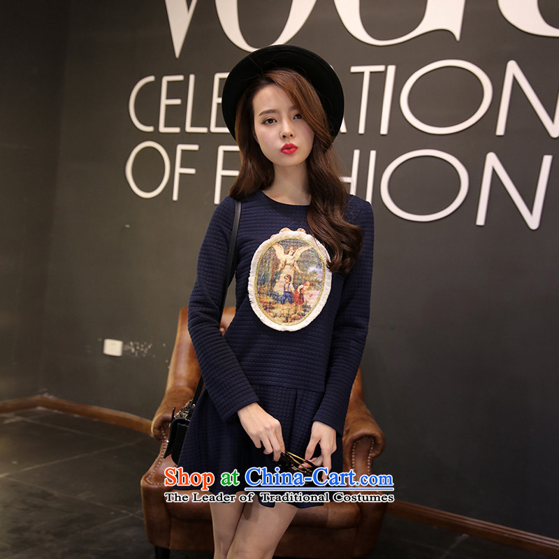 The fertilizer greatly code women 2015 Spring mm thick Korean version thin round-neck collar and draw the long-sleeved shirt skirts Tibet Sau San?XXXL blue