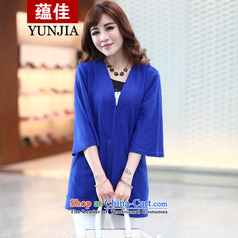 To better larger women 2015 Spring New V-neck in long Cardigan Sweater Knit-Ms. forming the long-sleeved sapphire blue2XL