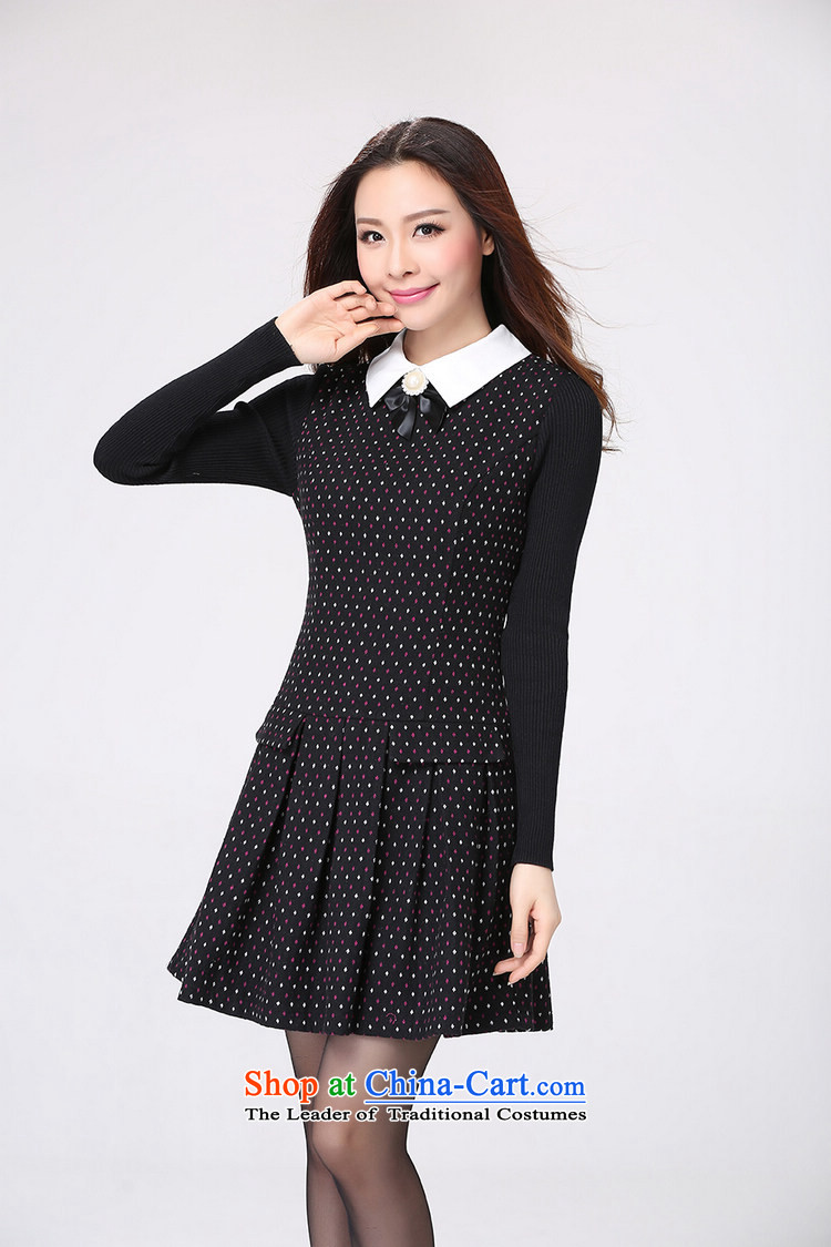Payment on delivery to xl Korean OL temperament saika dresses pearl lapel long-sleeved knitting spell color autumn Women's clothes skirt thick mm thin black skirt graphics suit 3XL approximately 150 - 160131 catty picture, prices, brand platters! The elections are supplied in the national character of distribution, so action, buy now enjoy more preferential! As soon as possible.