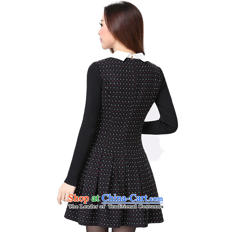 Payment on delivery to xl Korean OL temperament saika dresses pearl lapel long-sleeved knitting spell color autumn Women's clothes skirt thick mm thin black skirt graphics suit 3XL about 150 - 160131, Hazel (QIANYAZI constitution) , , , shopping on the In