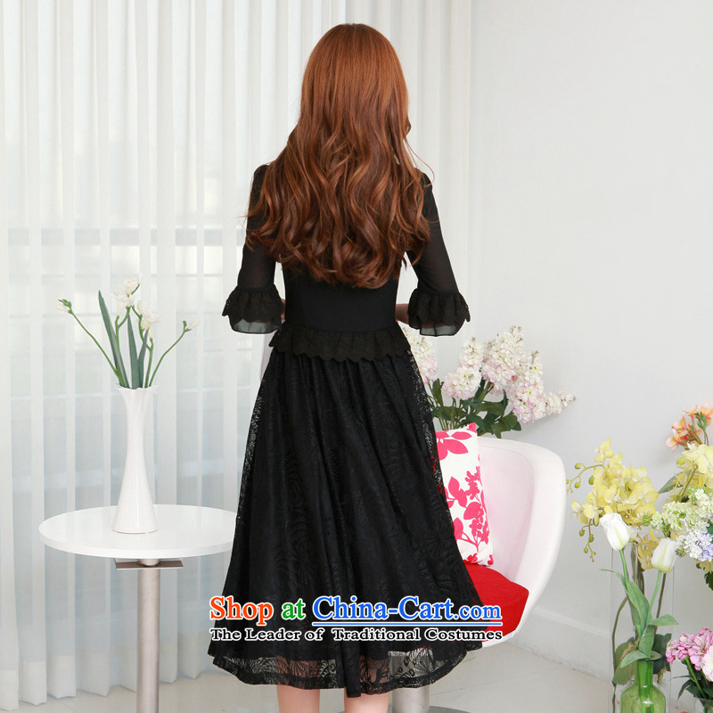 In the spring of 2015, the Korean version of the new retro lace 7 Cuff Phoenix lace stitching chiffon dresses thick mm xl women in large black long skirt to large 2XL, paras. 135-145 Constitution Yi shopping on the Internet has been pressed.