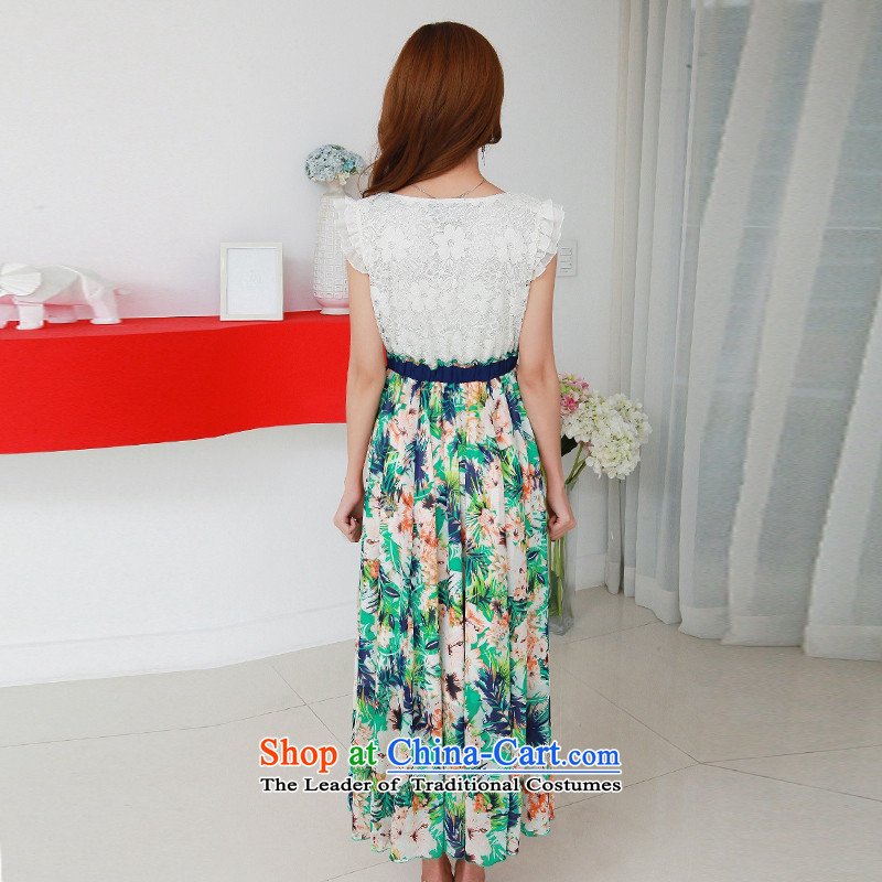 The new summer 2015 XL women's irrepressible lace stitching large chiffon gliding stamp long skirt thick mm bohemian style resort dresses green to large 2XL 140-155, Constitution Yi shopping on the Internet has been pressed.