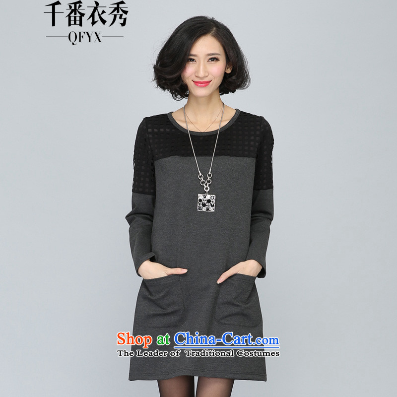 Double Chin Yi Su-autumn large new long-sleeved blouses and dresses thick mm Korean chain link fence round-neck collar relaxd dress C1112 XXXL Gray