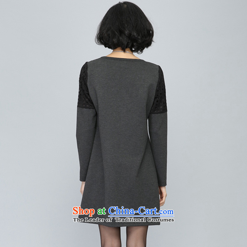 Double Chin Yi Su-autumn large new long-sleeved blouses and dresses thick mm Korean chain link fence round-neck collar relaxd dress C1112 XXXL, gray Gigi Lai blue.... embroidered shopping on the Internet