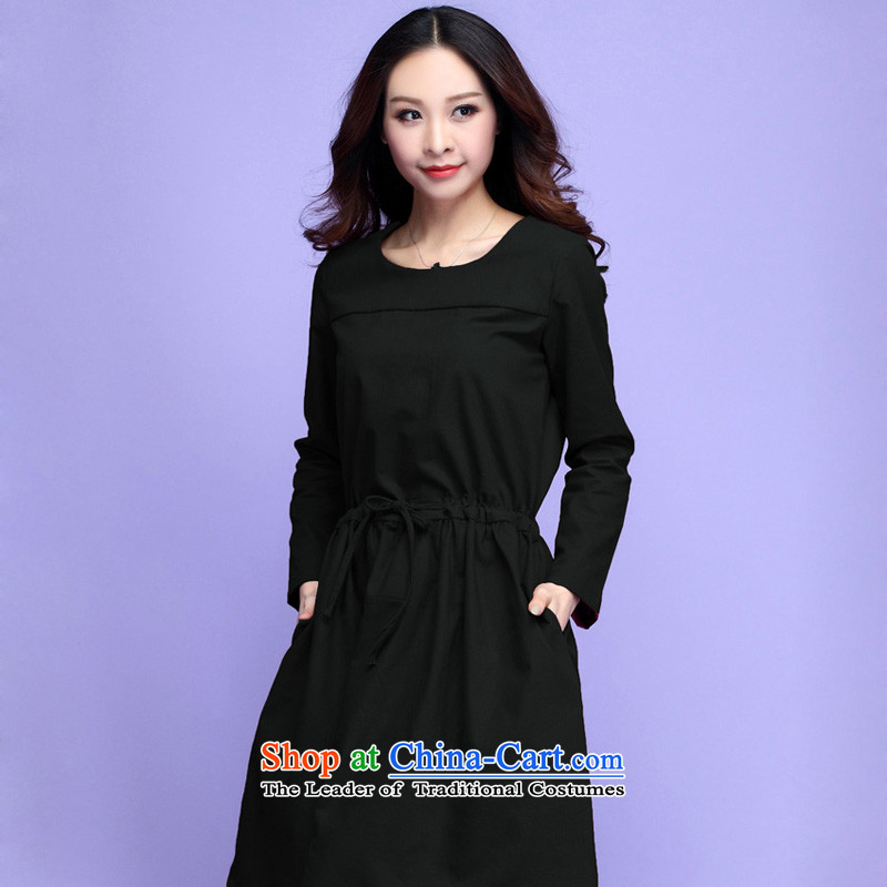 In the spring of 2015, replacing the new xl female retro cotton loose Foutune of long-sleeved dresses thick mm leisure lady wild temperament goddess skirt black large 3XL 160-175, Constitution Yi shopping on the Internet has been pressed.