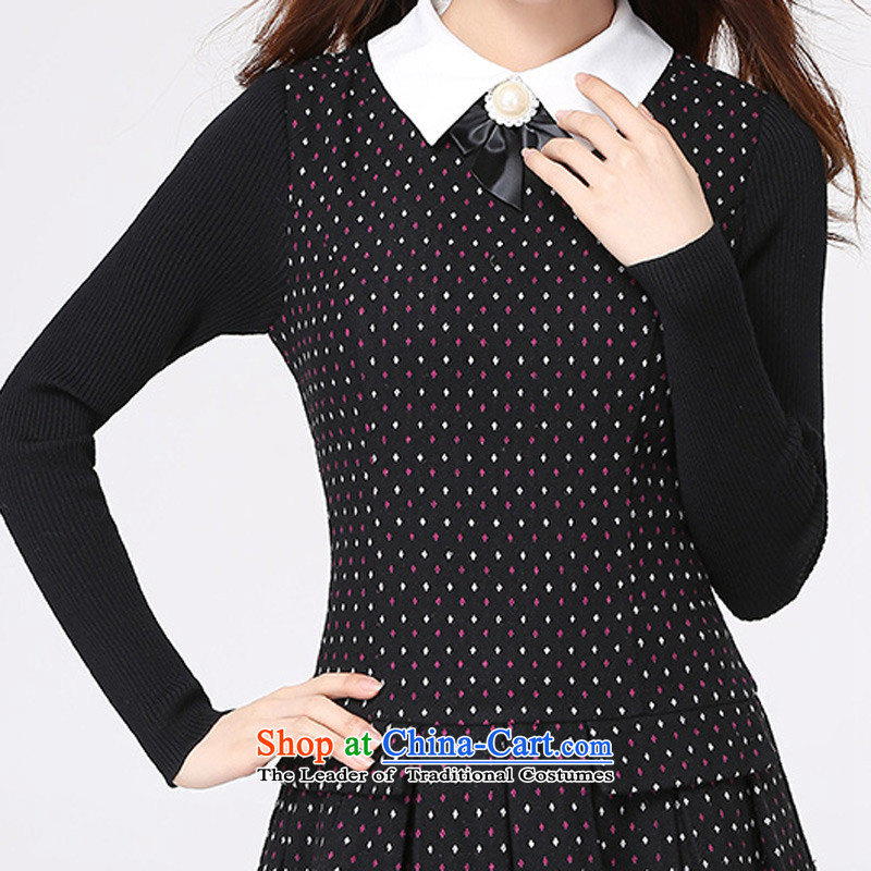 New for women 2015 new to xl long-sleeved small lapel thin ladies graphics Sau San Fat mm college culture skirt quality serene wave point dresses black flower to large 130-145 2XL, Constitution Yi shopping on the Internet has been pressed.