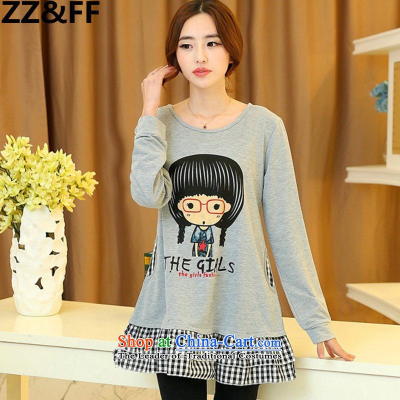 Install the latest Autumn 2015 Zz_ff_ to increase women's code 200 catties thick mm long-sleeved T-shirt, forming the Netherlands relaxd cartoon transfer large light gray T-shirtXL