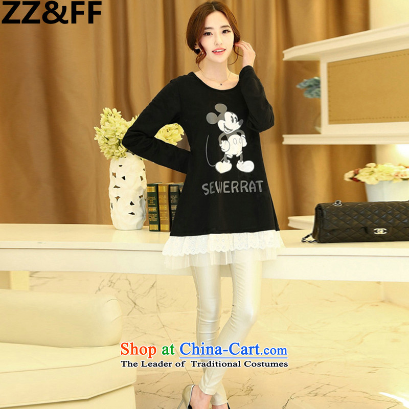 Install the latest Autumn 2015 Zz_ff_ to increase the number of women with thick mm200 catty long-sleeved T-shirt, forming the stylish shirt relaxd cartoon shirt black?L